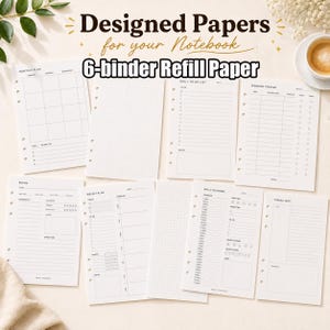 6-håls pappersinlägg, 6-rings refill för kalenderblad, pärminlägg, påfyllningspapper, rutpapper, prickigt papper, recept, utgiftsregister, A5 notblad, etc.