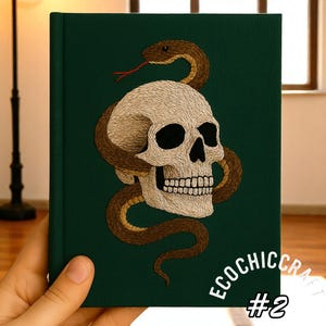 Skull and Snake Embroidered Journal – Gothic A5 Handmade Notebook, Dark Academia Wedding Guest Book, Personalized Gift for Tattoo Lover