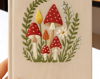 Hand Embroidered Mushroom Fern Notebook – A5 Fabric Journal, Botanical Sketchbook, Nature Lover Gift, Cottagecore Stationery, Forest Theme