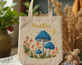 Hand Embroidered Mushroom Tote Bag, Canvas Shoulder Bag, Cottagecore Eco Shopping Tote, Fungi Nature Lover Gift, Reusable Shopping Gift
