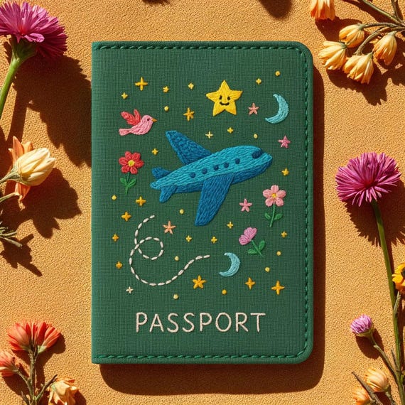 Travel Embroidered Passport Cover – Handmade Adventure Passport Holder with Plane, Train, Mountain, Camping | Personalized Travel Cute Gift