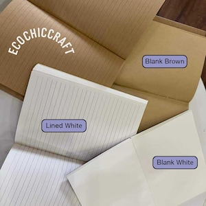 Puede incluir: Cuatro cuadernos abiertos con el texto ECOCHICCRAFT visible. Dos cuadernos tienen papel marr&oacute;n, uno rayado y otro en blanco. Dos cuadernos tienen papel blanco, uno rayado y otro en blanco. Cada cuaderno est&aacute; etiquetado con un recuadro morado que indica Lined Brown, Blank Brown, Lined White o Blank White.