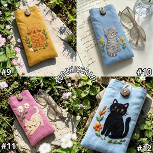 May include: Four rectangular fabric pouches featuring embroidered cat designs and wooden button closures. The pouches come in yellow, light blue, and pink, each decorated with stitched floral motifs and cats in various colors and poses.