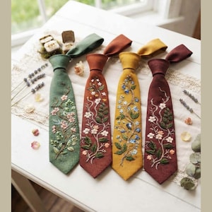 Può includere: Quattro cravatte in verde salvia, terracotta, giallo senape e bordeaux scuro, ognuna caratterizzata da un intricato ricamo floreale con viticci, foglie e piccoli fiori. Le cravatte sono realizzate in tessuto testurizzato e disposte fianco a fianco.