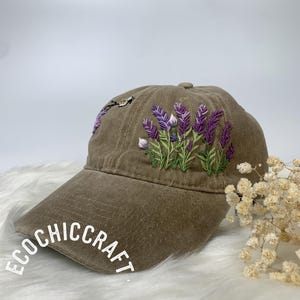 Personalized Name Hand Embroidered Hat, Lavender Embroidered Baseball Cap, Bee Embroidered Cap, Vintage Hat For Woman, Wash Cotton Hat