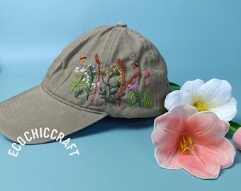 Personalized Name Hand Embroidered Hat, Reed Wild Flower Meadow and Dragonfly Embroidered Baseball Cap, Vintage Hat With Unique Design