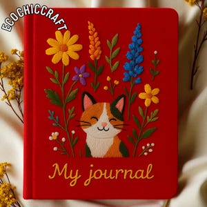 Cat Embroidered Notebook, Handmade Pet Journal, Cute Cat Embroidery Diary, Personalized Pet Lover Photo Album, Hand Stitched Cat