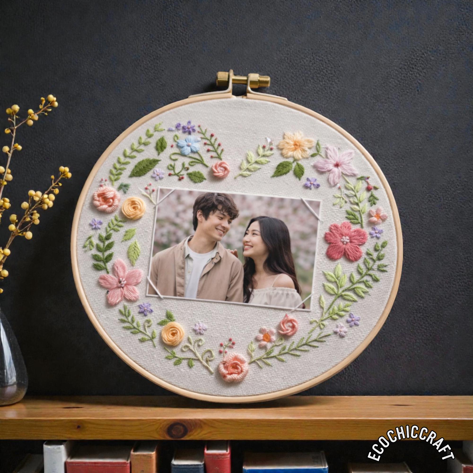 Floral Embroidery Hoop Art With Photo Frame, Hand Embroidered Flower ...