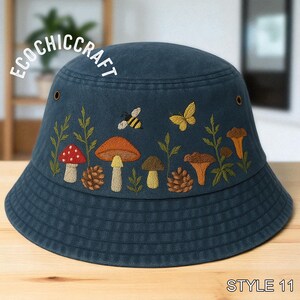 Hand Embroidered Bucket Hat with Frog and Mushroom, Cottagecore Forest Hat, Toadstool Aesthetic Cap, Naturecore Gift, Fairycore Summer Hat image 7