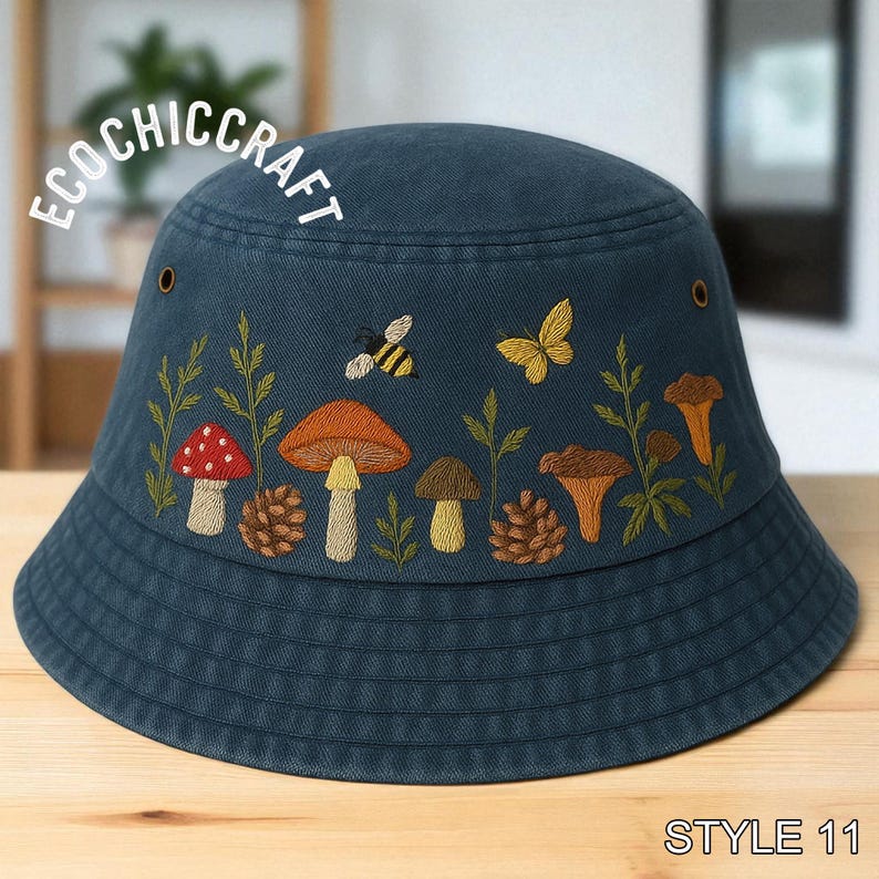 Hand Embroidered Bucket Hat with Frog and Mushroom, Cottagecore Forest Hat, Toadstool Aesthetic Cap, Naturecore Gift, Fairycore Summer Hat image 7