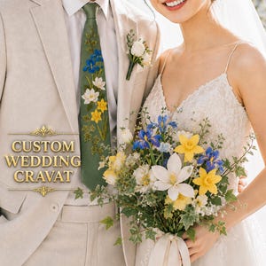 May include: A sage green necktie featuring embroidered blue irises, white lilies, and yellow daffodils with green ivy leaves. The text CUSTOM WEDDING CRAVAT is printed in gold on the left. The tie is worn with a beige suit and a matching floral bouquet.