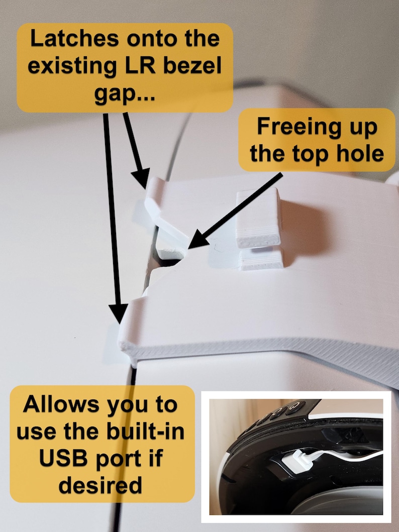 May include: A white plastic component with text that reads "Latches onto the existing LR bezel gap...", "Freeing up the top hole", and "Allows you to use the built-in USB port if desired". A small inset image shows a USB port.