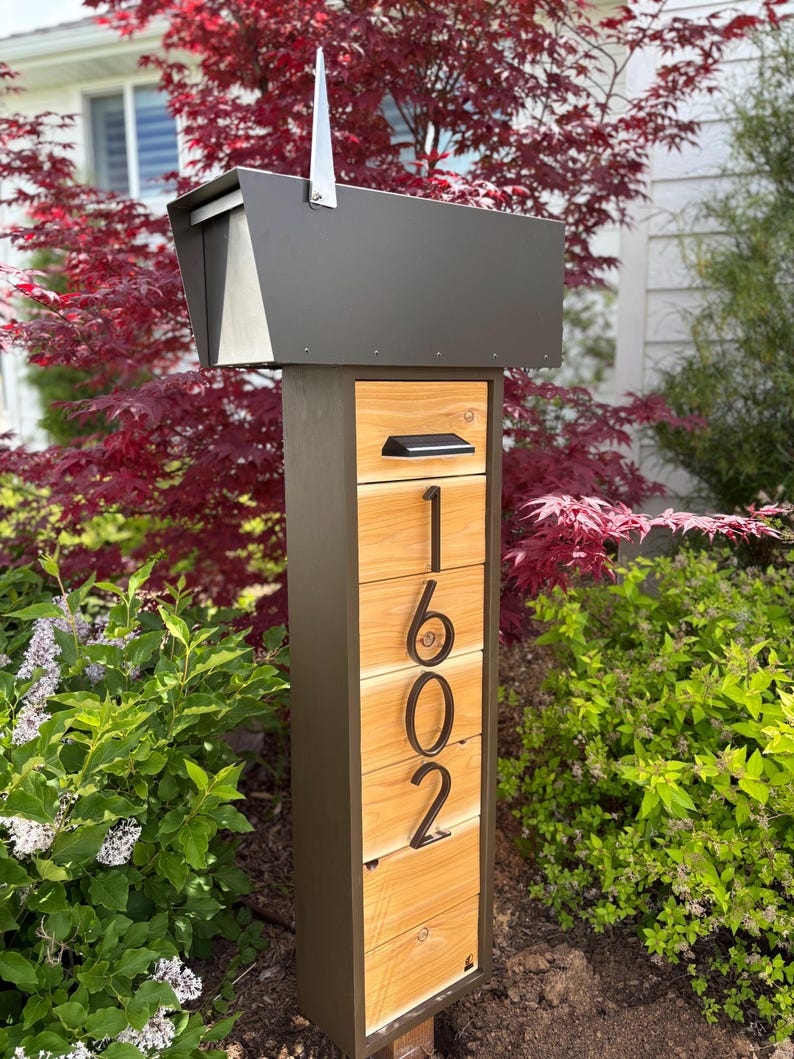 Handmade Modern Cedar Mailbox Post With Address Numbers & Solar Lights ...