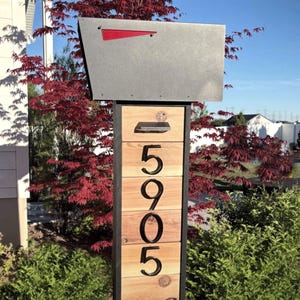 Modern Cedar Mailbox Post with Address Numbers & Solar Lights