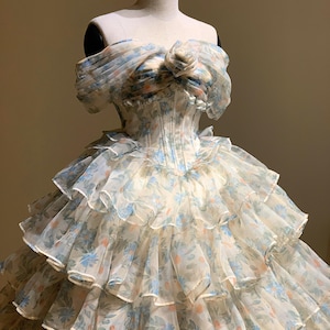 Ball Gown / Evening Gown / Cinderella Dress / V-shaped Corset Dress / Elegant Floral Dress / Corset Prom Dress