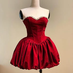 Red Velvet Minidress / Sparkling Minidress / Stars Dress / Velvet Bubble Minidress / Birthday Dress / Corset Prom Mini Dress