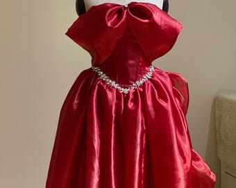 Red Organza Dress / Embellished Gown with Slit / Red Valentine Dress / Corset Prom Dress / Red Fantasy Organza Dress with Matching Scarf