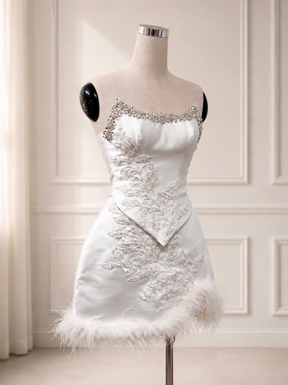Two Piece Wedding Dress / Bridal Separates / Feathered Wedding Dress / Modern Wedding Dress / Destination Wedding Dress/ Elegant Short Dress