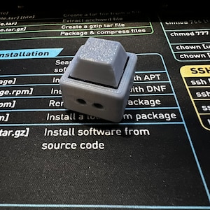 May include: A gray, 3D-printed mechanical keyboard keycap. The keycap is square with a textured surface and two small holes on the side. The background shows text related to software installation and package management.