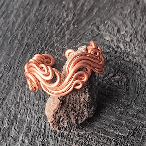 Copper Wave Ring, Handmade Wire Wrapped, Wide Adjustable Band, Art Nouveau Style, Rippling Water Design