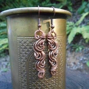 Long EARRINGS Copper Swirls, Waves, Art Nouveau Inspired, Handmade Vintage Gift For Ladies, Scroll, Filigree Style Earrings Pure Copper Wire