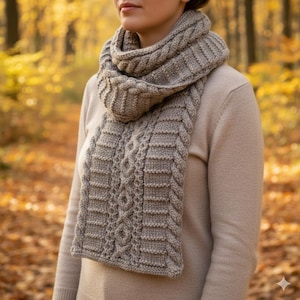 May include: A gray knitted scarf with a cable knit design. The scarf is made of a soft, textured yarn and features a combination of ribbed and cable patterns. The scarf is wrapped around the neck and shoulders.