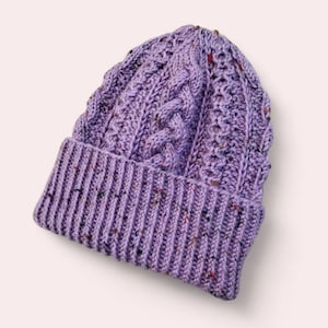 Puede incluir: Un gorro de punto morado con un patrón de trenza y motas de color.