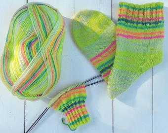 Neon Self Striping Sock Yarn, 75% Superwash Wool Fingering Weight, Bright Rainbow Hand Knit Yarn, Colorful 4 Ply Wool for Socks, Spring Yarn