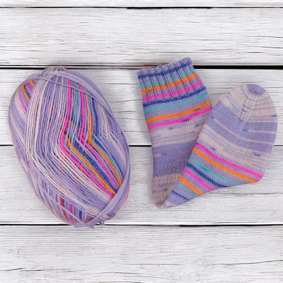 Self Striping Sock Yarn, Lavender Purple Rainbow Wool Yarn, 75% Wool Fingering Weight, Bright Striped Sock Yarn, 4 Ply Knitting Yarn