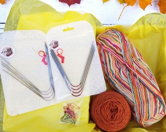 Sock Knitting Kit: Autumn Merino Wool Blend, DPN Needles, Beginner Pattern (PDF)