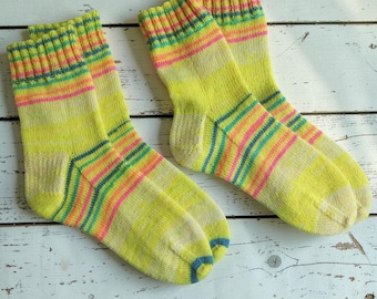 Hand Knitted Wool Socks, Neon Yellow Socks, Rainbow Stripe House Socks, Cozy Bed Socks, Colorful Lounge Socks, Unisex Gift