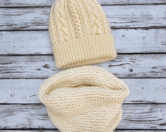 Ivory Cable Knit Beanie and Cowl Set, Wool Blend Winter Hat, Cozy Handmade Knit Set