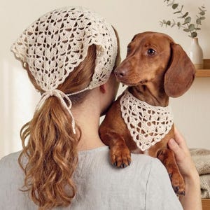 Puede incluir: Un pañuelo de ganchillo color crema y un pañuelo a juego para perro. Los pañuelos presentan un diseño abierto y de encaje. Un perro salchicha marrón lleva el pañuelo para perro. La persona lleva una camisa gris.