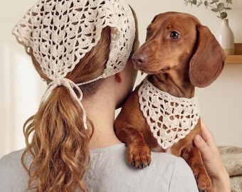 Crochet Bandana Pattern for Dog, Cat or Woman: Boho Hair Scarf, Triangle Sun Headscarf, Pet Accessory, Lace Shawl & Neck Kerchief