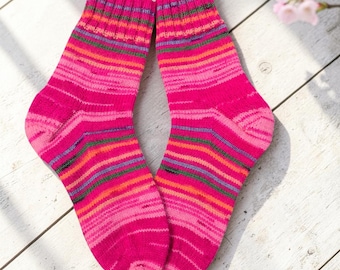 Hand Knit Wool Socks, Bright Pink Self-Striping, Cozy Socks for Women