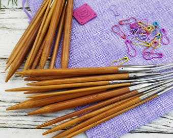Bambus Rundstricknadel Set: 12 Größen, Maschenmarkierer