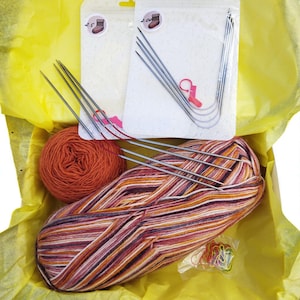 May include: A craft kit with knitting needles, two skeins of yarn, and stitch markers. The yarn is orange and multi-colored. The knitting needles are in plastic packaging. The kit is in a yellow box.