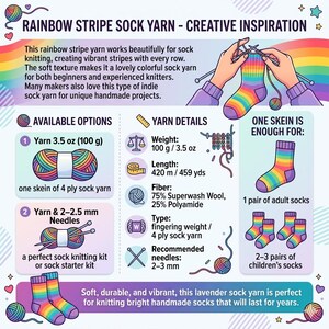 Peut inclure: Infographie sur le fil &agrave; chaussettes &agrave; rayures arc-en-ciel, avec poids (100 g/3,5 oz), longueur (420 m/459 yds) et composition des fibres. Le fil est adapt&eacute; &agrave; la fabrication de chaussettes pour adultes et enfants. Le texte dit "RAINBOW STRIPE SOCK YARN - CREATIVE INSPIRATION."