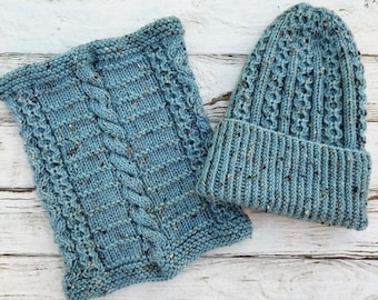 Hat and Cowl Knitting Pattern PDF - Aran Cable Beanie Tutorial - Winter Neck Warmer Pattern - Easy Knit Set
