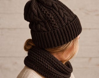 Dark Brown Cable Knit Beanie and Cowl Set, Espresso Soft Knit Winter Hat, Chocolate Textured Neck Warmer, Cozy Christmas Gift for Her