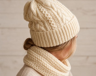 Handmade Cable Knit Beanie and Neck Warmer Set, Soft Wool Blend Winter Hat, Cozy Gift for Women, Unisex