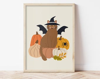 Funny Cat Halloween Poster, Printable Fall Decor, Spooky Cat Print for Home Decoration