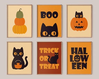 May include: Six printable Halloween-themed illustrations featuring black cats and pumpkins. The illustrations include the words "Boo", "Trick or Treat", and "Halloween".
