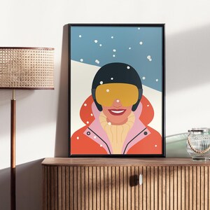 Woman Skier, Ski Poster, Portrait, Mountain, Hill, Apres Ski, Winter Sports Mountain Art , Christmas Wall Art, Home Decor, Slope, Alps