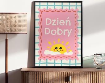 Dzien Dobry Poster, Polish Morning Greeting Wall Art, Typography Print for Entryway Decor
