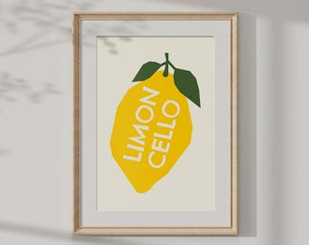 Limoncello Poster, Italian Kitchen Wall Art, Lemon Fruit Summer Decor, Yellow Kitchen Print