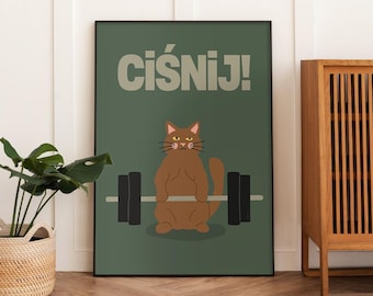 Póster de gato levantando pesas: Decoración de gimnasio (descarga digital)