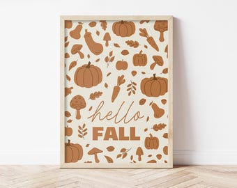Hello Fall Poster, Cozy Autumn Wall Art, Printable Thanksgiving Decor, Rustic Seasonal Print