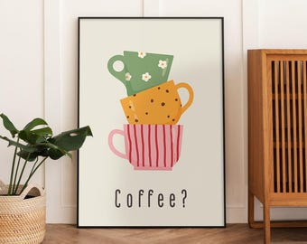 Colorful Coffee Cups Poster: Kitchen Wall Art (Digital Download)