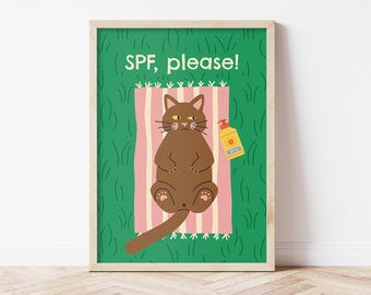 Funny Cat Sunbathing Print: SPF Please Summer Wall Art (Digital Download)